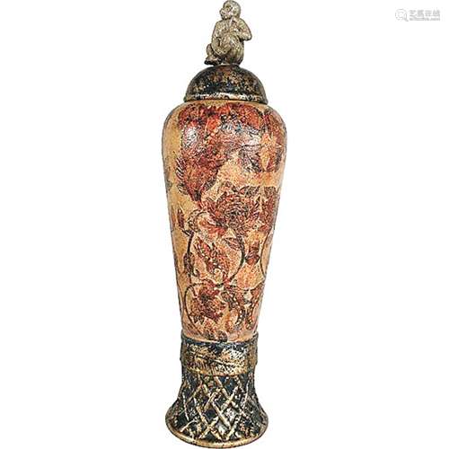 PAINTED FLORAL VASE  W/ MONKEY FINIAL