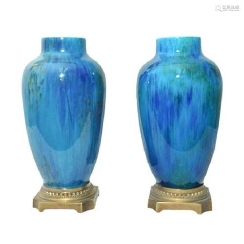 PAIR OF BLUE AQUA GREEN PAINTED VASES