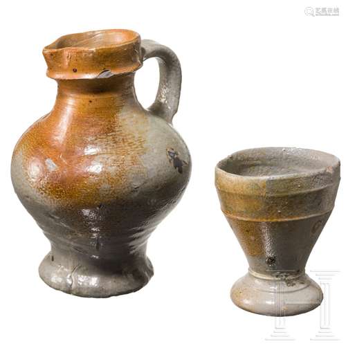 Krug und Einhenkeltasse aus Steinzeug, Raerener Ware, 16. - 17. Jhdt.