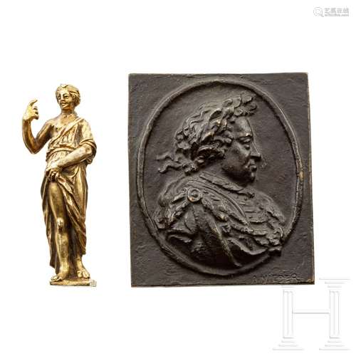 Bronzeplakette und Figur, deutsch, 17. Jhdt.