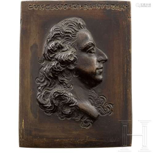 Bronzeplakette mit Portraitkopf König Karls X. Gustav von Schweden, Italien, Mitte 17. Jhdt.