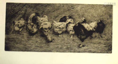 Horace Mann Livens (1862-1936), Chickens, black and white etching, initialled in pencil to lower