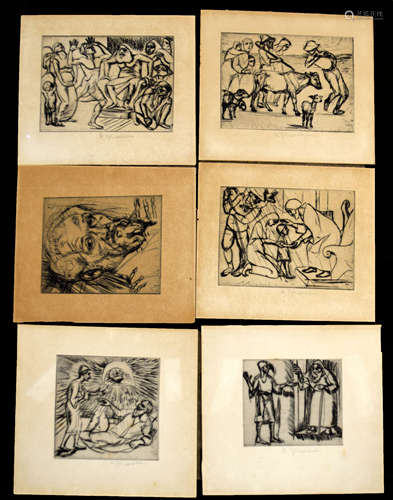 Henryk Glicenstein, Biblical Scenes, group of 6 black and white etchings, all signed in pencil to