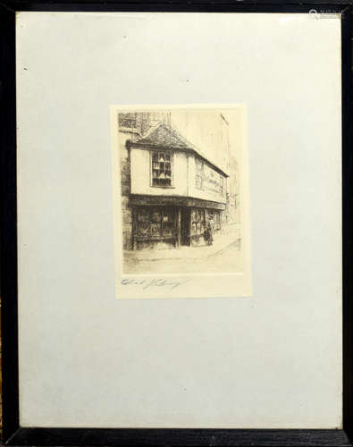 Edward J Cherry, (1886-1960), Figure by a shop window, black and white etching, signed in pencil