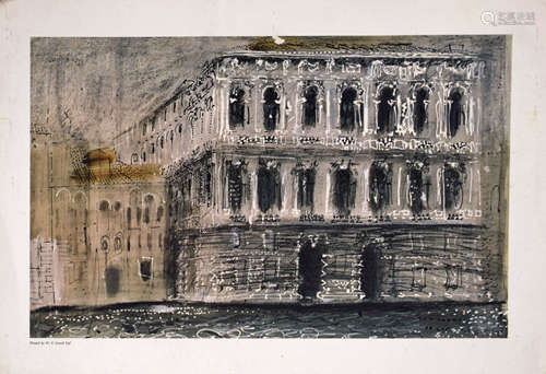 After John Piper, Palazzo Pesaro, coloured print, printed by W S Cowell LTD, 24 x 38cm, unframed