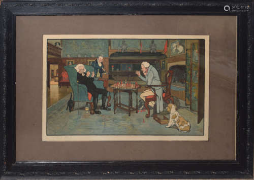 Cecil Aldin, Interior scenes with game of chess and the card game, pair of coloured prints,