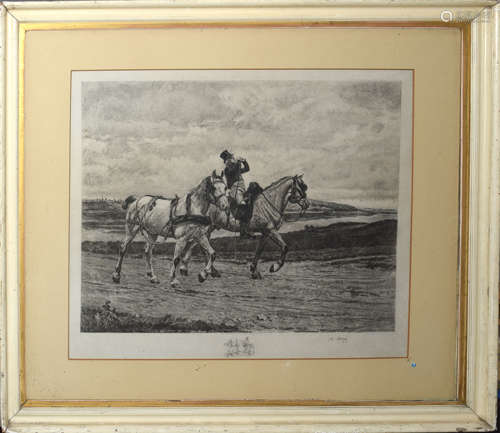 After Meissonier, engraved by A Mongiy, Figure with two horses, black and white etching, published