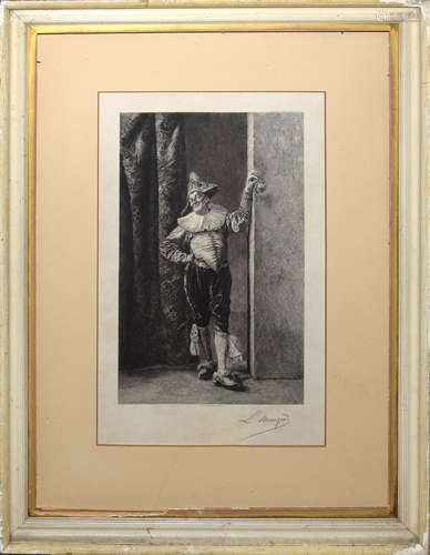 After Meissenier, Pierrot with flower, black and white etching, published 1890 and signed in