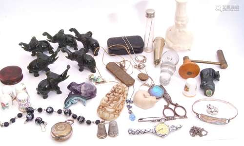 Mixed Lot: various green glass model elephants, a quartz frog, snuff box, clock winder, thimbles