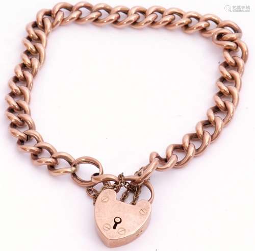 Antique 9ct rose gold curb link bracelet, heart padlock and safety chain fitting, 12.7gms