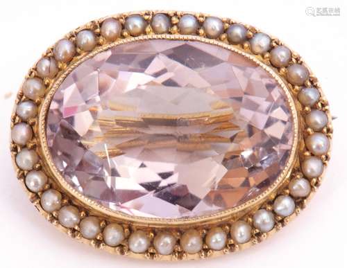 Antique pale amethyst and seed pearl brooch, the oval shaped faceted pale amethyst, 23 x 15mm,