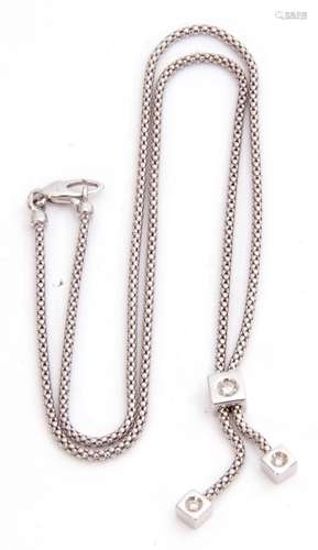 Modern 750 stamped diamond set necklace featuring 3 square drops, each set with small diamonds