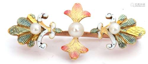 Antique enamel and seed pearl brooch featuring three graduated seed pearls set in translucent