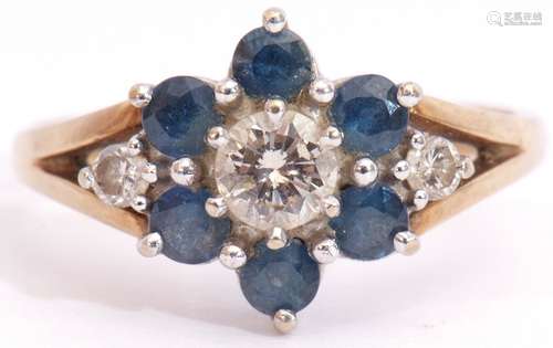 Sapphire and diamond cluster ring, the central brilliant cut diamond 0.25ct approx, surrounded by