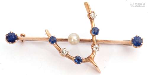 Early 20th century sapphire, diamond and pearl brooch, the knife edge bar centring a small