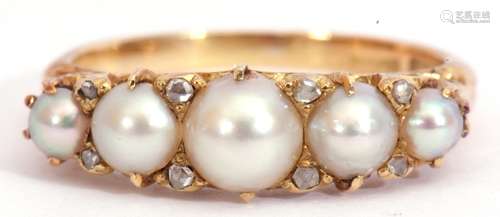 Victorian 18ct gold, pearl and diamond ring, a design featuring five cultured pearls, highlighted