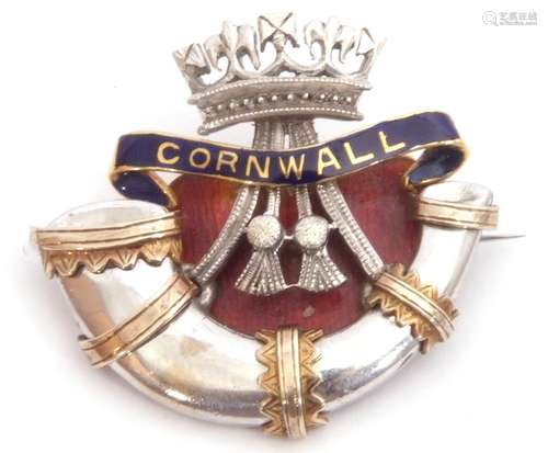 Duke of Cornwall Light Infantry dress brooch, mixed precious metals and enamelled decoration, 8.2gms