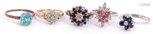 Mixed Lot: five stone set rings, two stamped 9ct to include diamond cluster, two sapphire and