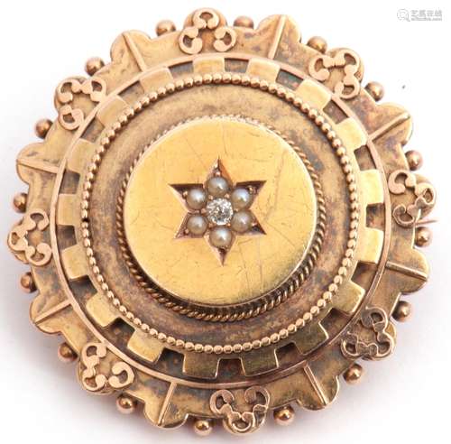 Victorian gold, diamond and seed pearl target brooch, circular shape centring a small old cut