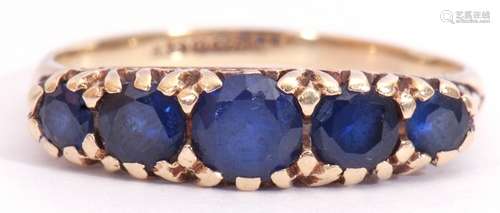 Vintage 9ct gold five stone sapphire ring, featuring five round cut faceted graduated sapphires,