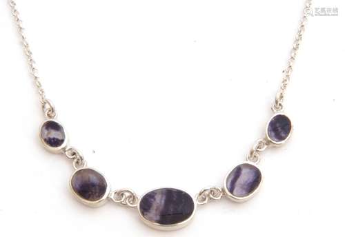 Modern 925 stamped Blue John set necklace featuring 5 graduated oval Blue John stones, framed in