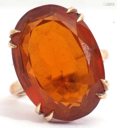 Vintage cognac coloured citrine dress ring, an oval faceted citrine, double claw set in a basket