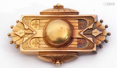 Victorian gold Etruscan style brooch of rectangular form and typically decorated with bead and