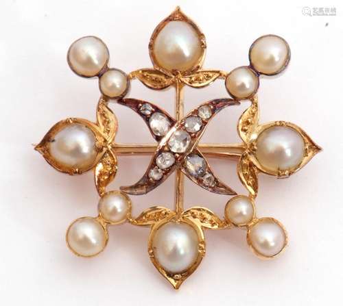 Victorian pearl and diamond brooch of square open work design centring an X-shape, set with