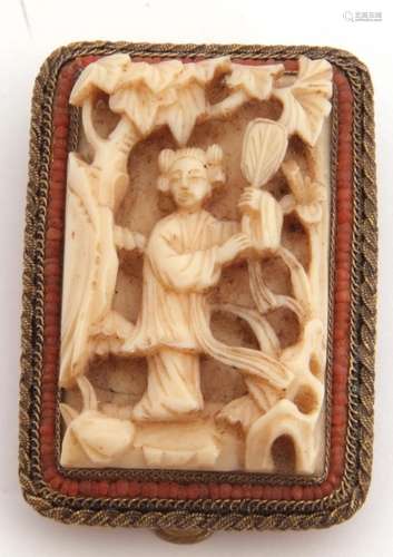 Vintage Chinese carved ivory clip of rectangular form, the carved panel depicting a Chinese figure