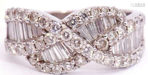 Precious metal diamond cluster ring, a design featuring pave set baguette diamonds, overlapping