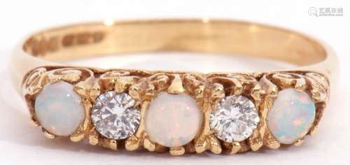 18ct gold opal and diamond five stone ring, alternate set with three round cabochon opals and two