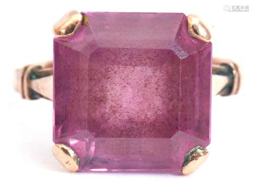 Antique amethyst ring, the square stepped cut amethyst 12mm square, claw set in each corner and