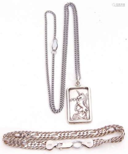 Mixed Lot: hallmarked silver unicorn pendant suspended from a metal chain, an Italian 925 stamped