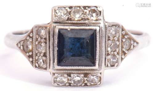 Art Deco sapphire and diamond ring, centring a square cut sapphire framed by a small diamond set