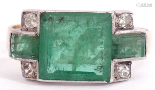 Vintage emerald and diamond set ring, the square emerald 8mm x 8mm between small rectangular cut