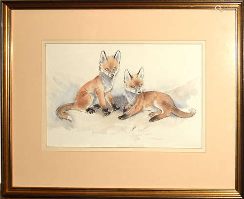 English School (20th century), Fox cubs, watercolour, 22 x 33cm