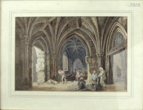 George Cattermole (1800-1868), Figures conversing in a cloister, watercolour, signed and dated 78