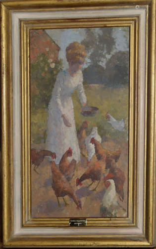 Follower of Dorothea Sharp, Feeding time, oil on board, 39 x 21cm