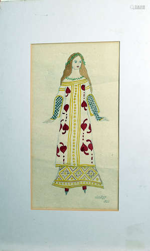 Bakst, Figure in costume, watercolour, signed and dated 1922 lower right, 31 x 16cm, mounted but