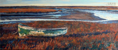 Paul Robinson, Norfolk coastal scene, oil on canvas, signed lower right, 40 x 100cm, unframed