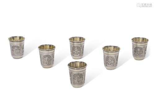 Set of six Russian tot cups with niello work, each cup height 5cm, diam 4cm, Viktor Savinkov, Moscow