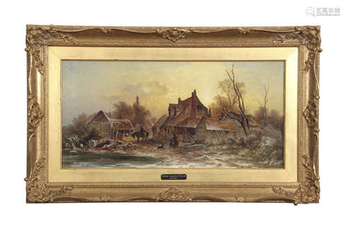 Attributed to George Augustus Williams, Winter landscape with figures and animals before a house and