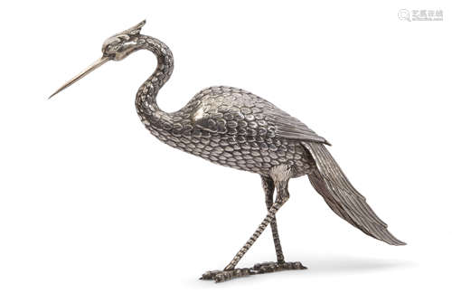 Early 20th century Swedish silver model of a crane, naturalistically engraved and embossed (repair