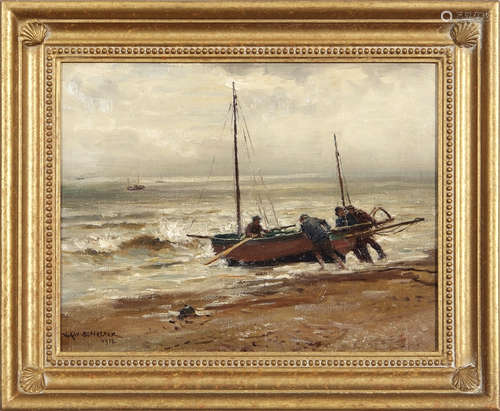 William Kay Blacklock (1872-1924), Launching the fishing boat, oil on board, signed and dated 1912