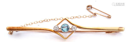 Aquamarine and diamond set bar brooch, the centre an offset square frame featuring a round faceted