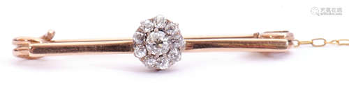 Antique diamond cluster brooch, the plain polished bar centring an old cut diamond cluster, the