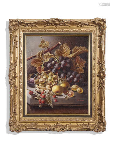 Oliver Clare (1853-1927), Still Life studies of mixed fruit on marble ledges, pair of oils on