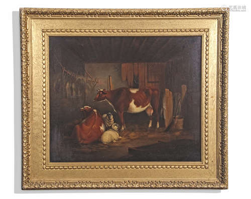 Circle of Edmund Bristow (1787-1876), Stable interior with cows and sheep, oil on canvas, 50 x 60cm