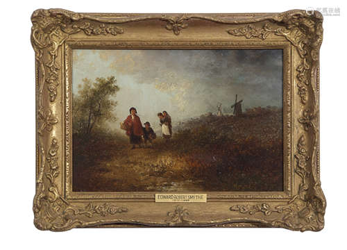 Edward Robert Smythe (1810-1899), Figures in a landscape with distant windmills, oil on canvas, 21 x