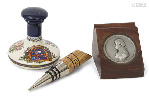 Group of Nelson items including a miniature porcelain flask with prints of Lord Nelson and